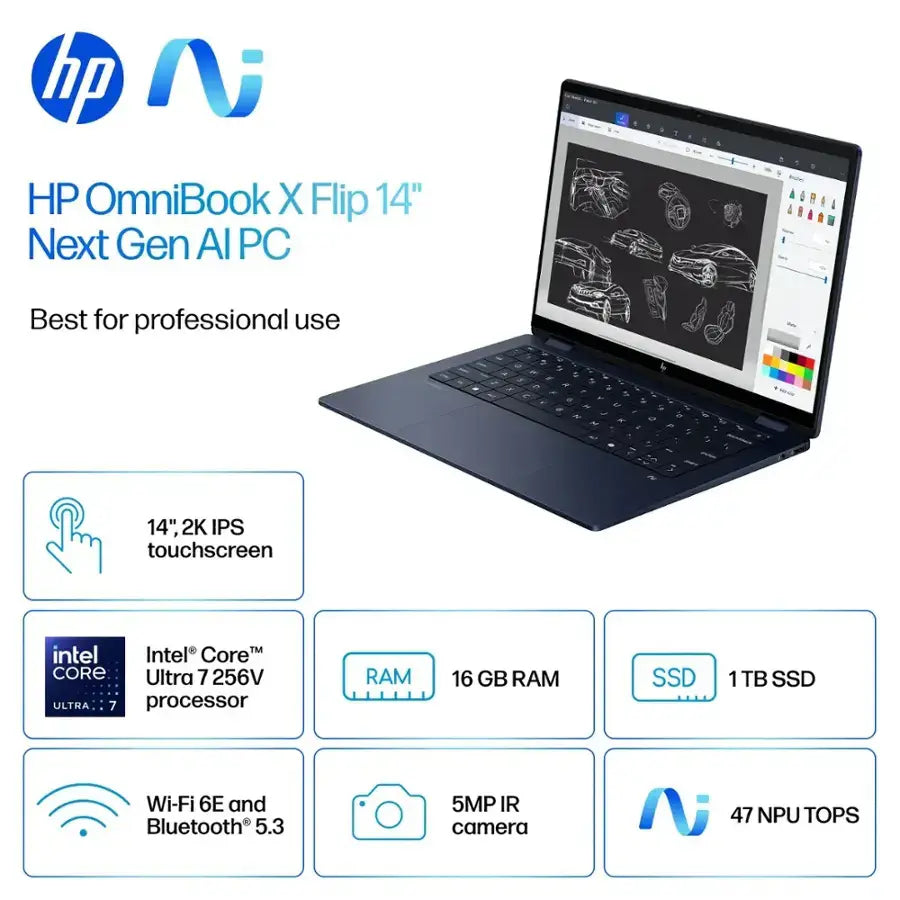 HP OmniBook X Flip FM0023DX Intel® Core™ Ultra 7 256V, 16GB Ram DDR5, 1TB SSD NVMe, Intel® Arc™ Graphics, 14" 2K (1920 x 1200) IPS Touch Screen, Backlit KB, Windows 11, Atmospheric Blue.