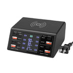 100W 8-port multi-device charging station with USB QC 3.0, Type-C PD ports, wireless charging pad, and LED screen