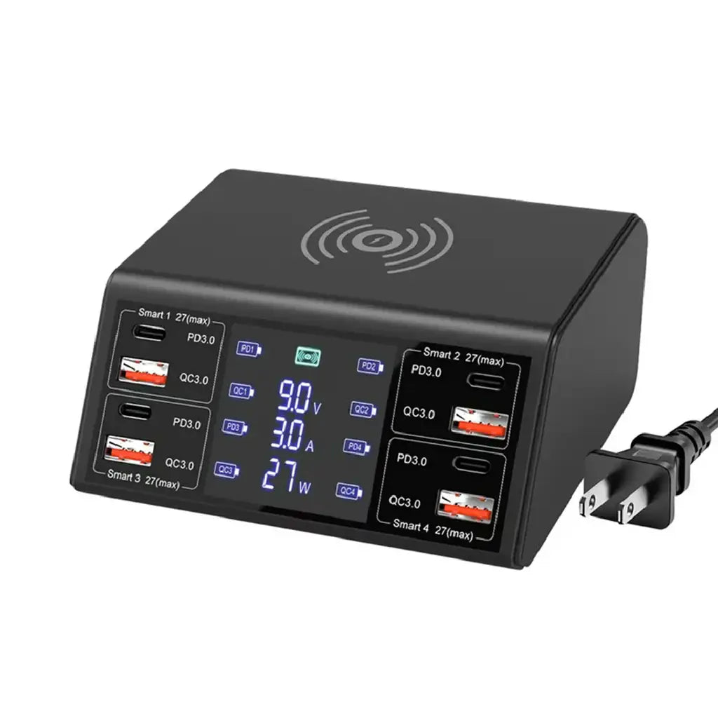 100W 8-port multi-device charging station with USB QC 3.0, Type-C PD ports, wireless charging pad, and LED screen