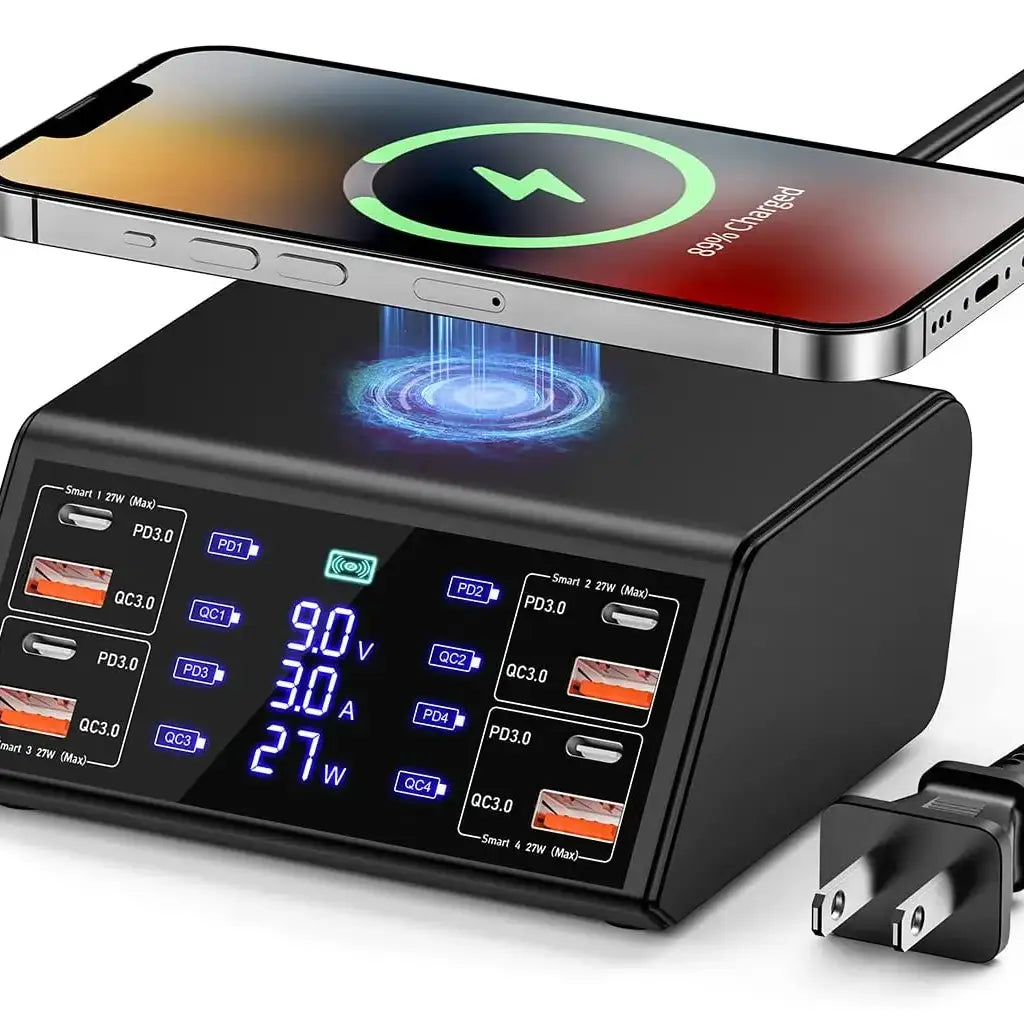 100W 8-port charging station with wireless charging hub powering a smartphone and digital power display