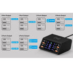 100W 8-port charging station port output diagram showing USB QC 3.0 and Type-C PD power distribution