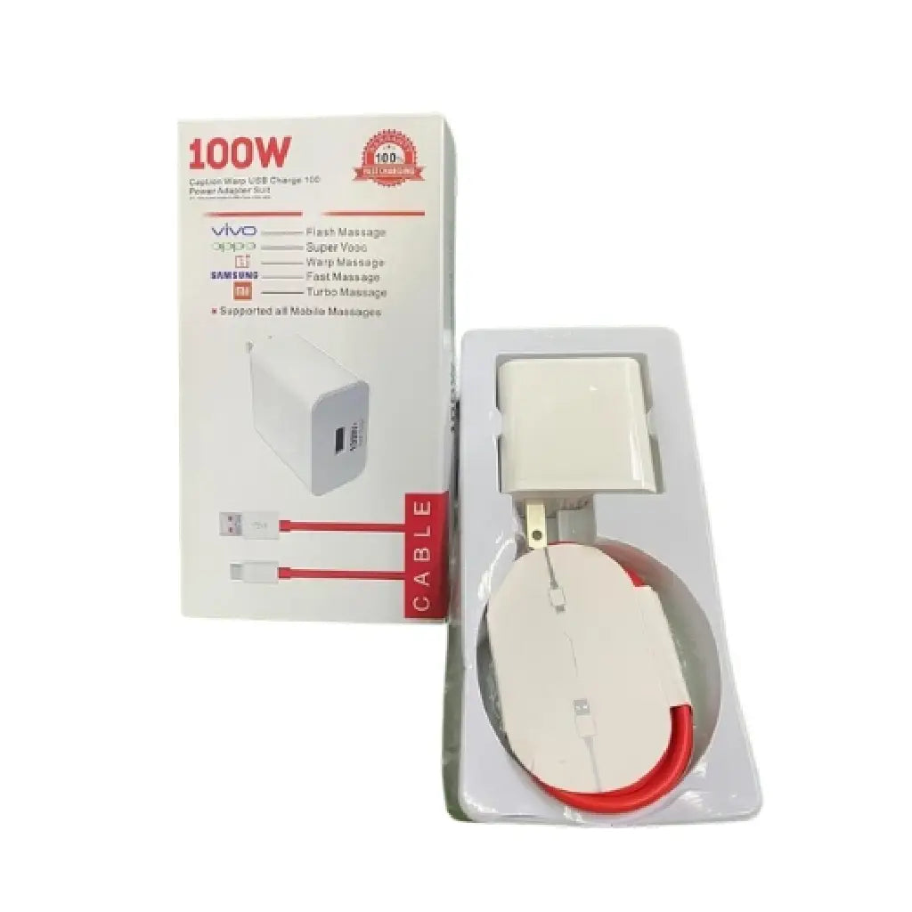 A retail package for a 100W Caption Warp USB charger, displaying the box art which lists compatibility with brands like Vivo, OPPO, and Samsung. Next to the box, the actual white charger and a red USB cable are visible in an open plastic tray.