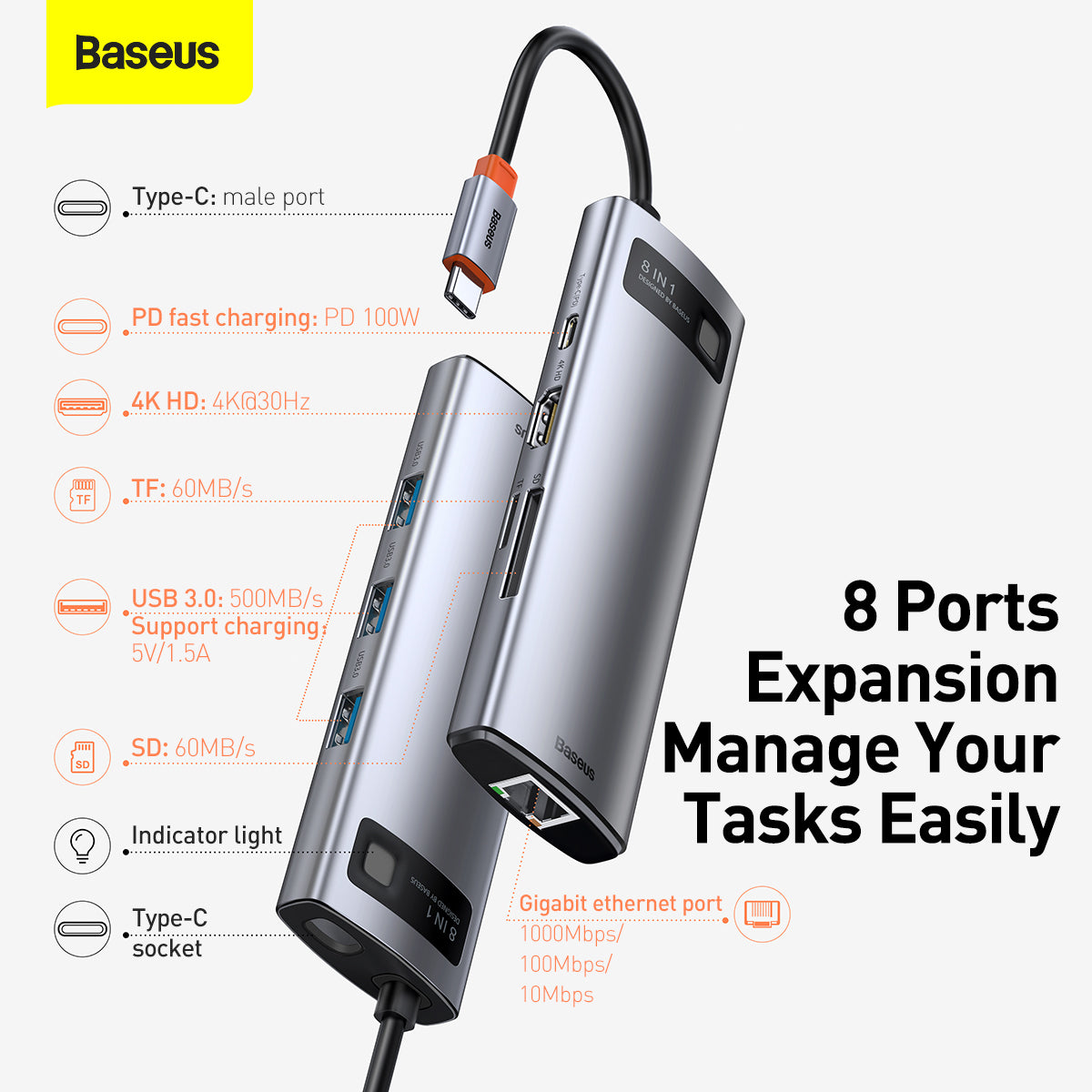 Baseus Metal Gleam Series 8 in 1 Type-C Multifunctional Hub