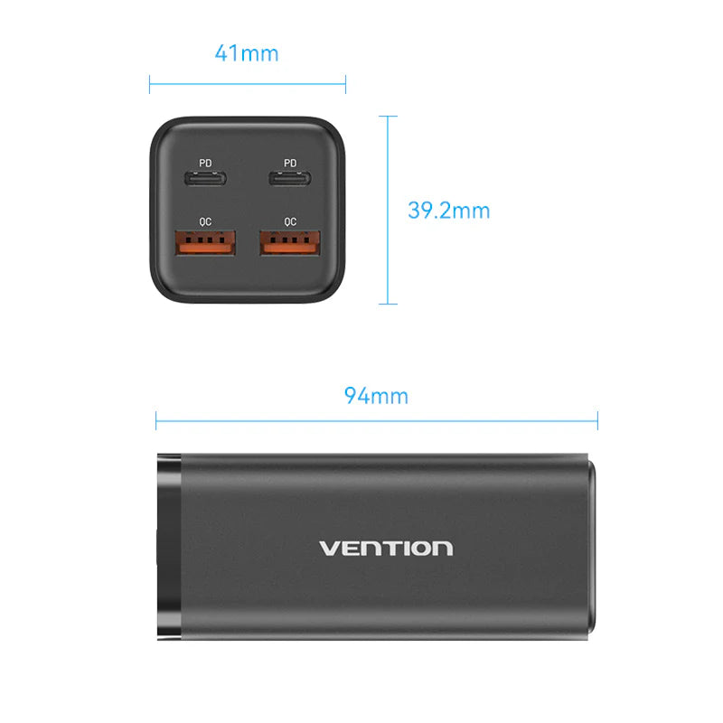 Vention 4-Port USB (C+C+A+A) GaN Charger (100W/100W/18W/18W) EU-Plug Black