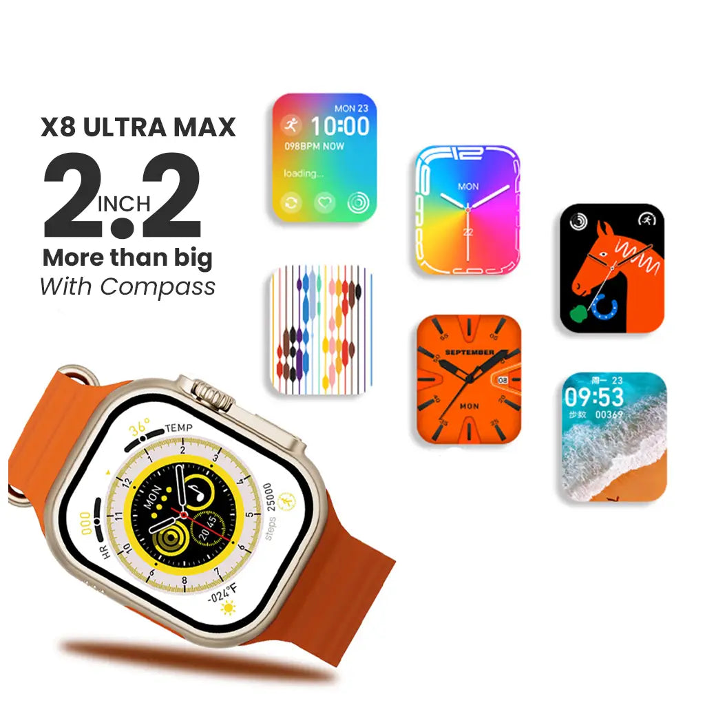 Smartwatch with orange band and colorful display icons on a white background
