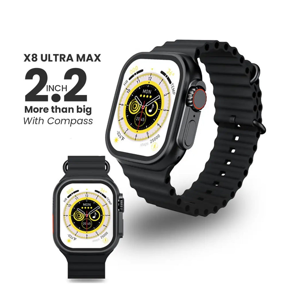 Black smartwatch with a large display and compass feature on a white background
