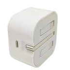 A white power adapter with a foldable two-prong plug on the left side and two USB-A ports visible on the right side.