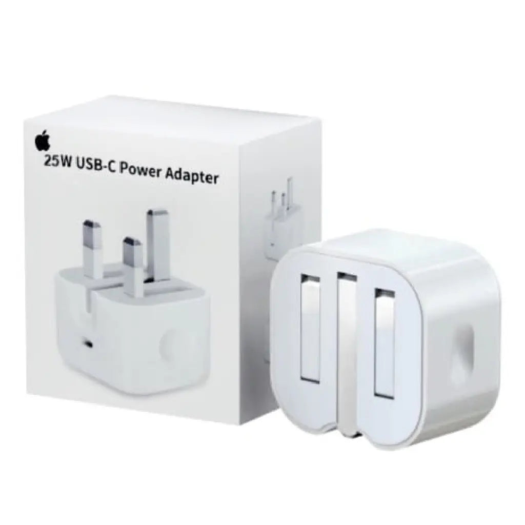 A white box for an Apple 25W USB-C Power Adapter next to the physical adapter which has foldable electrical prongs.
