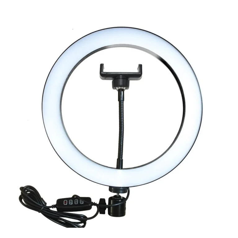 Ring light with smartphone holder on a white background