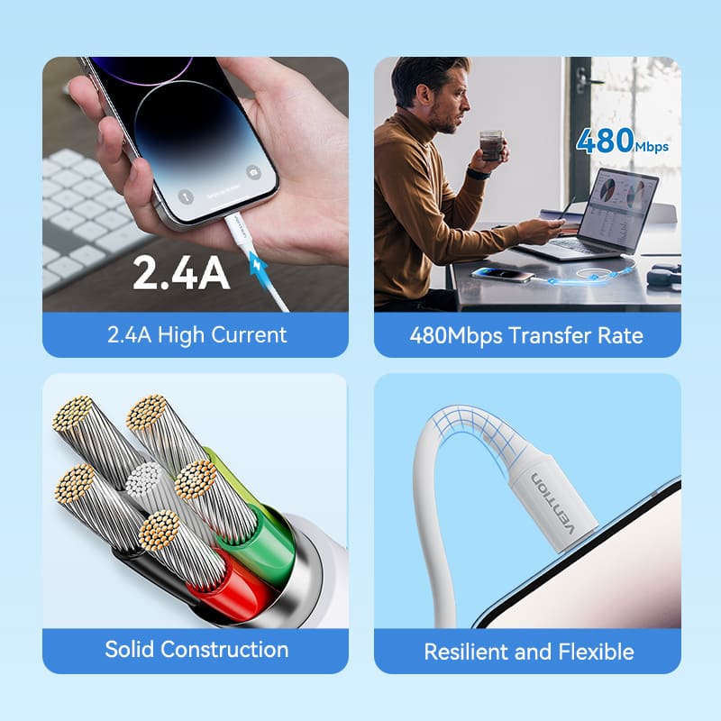 Vention USB 2.0 Type-A Male to Lightning Male 2.4A Cable White 1M