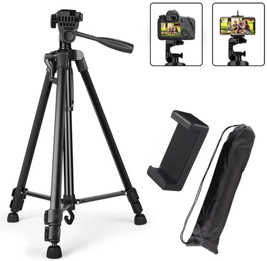 Black tripod with smartphone holder and carrying case on a white background