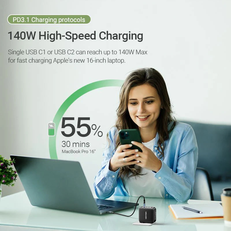 Vention 4-Port USB (C + C + C + A) GaN Charging Kit (140W/140W/30W/30W) EU-Plug Black