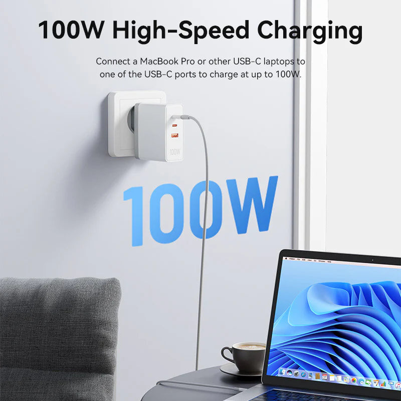 Vention 3-Port USB (C+C+A) GaN Charger (100W/100W/30W) EU-Plug White