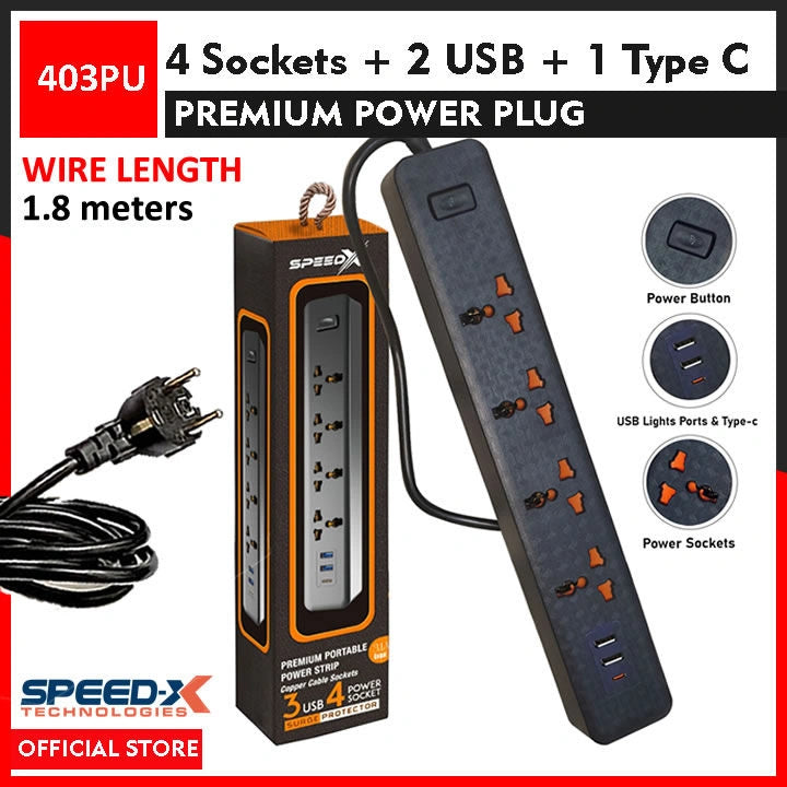 Power strip with multiple sockets and USB ports, including packaging and SpeedX Technologies branding.