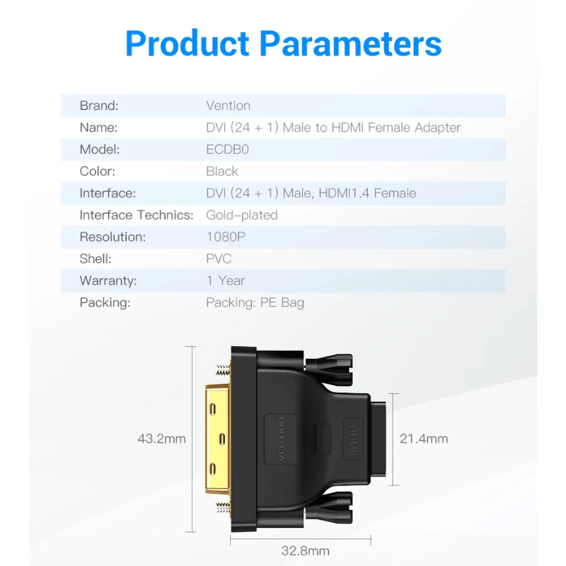 Vention DVI To HDMI Adapter Bi-Directional DVI D 24+1 Male To HDMI Female Cable Connector Converter For Projector HDMI To DVI | Gold Plated | ECCB0