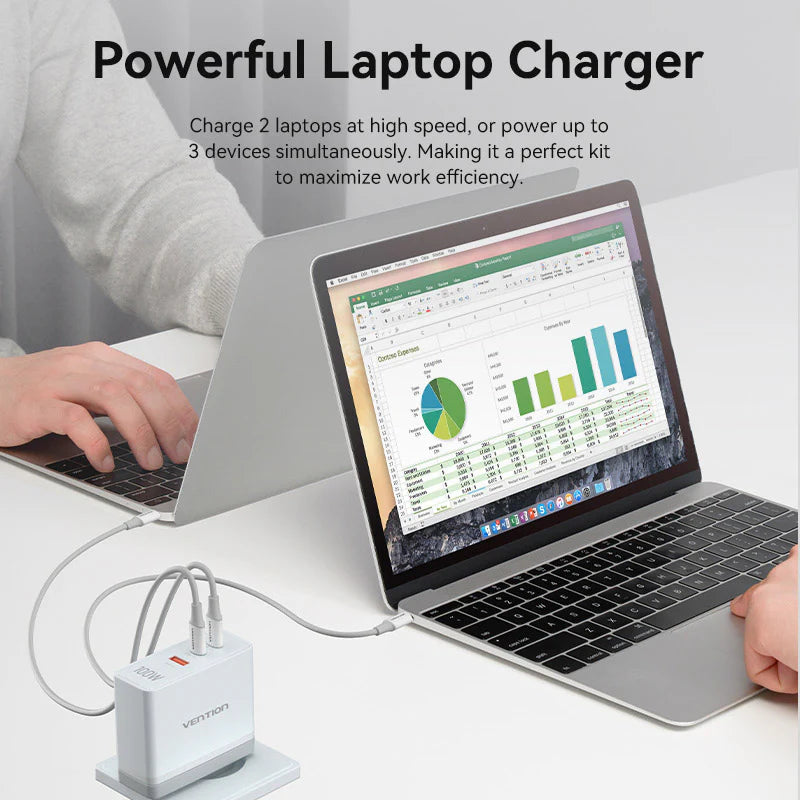 Vention 3-Port USB (C+C+A) GaN Charger (100W/100W/30W) EU-Plug White