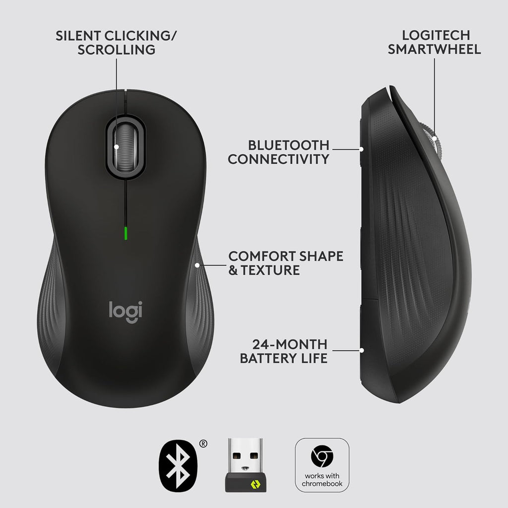Logitech Signature M550 Regular Wireless Mouse Graphite The Logitech Signature M550 Regular Wireless Mouse in Graphite combines smart technology with everyday comfort. Designed for small to medium hands, it’s the perfect balance