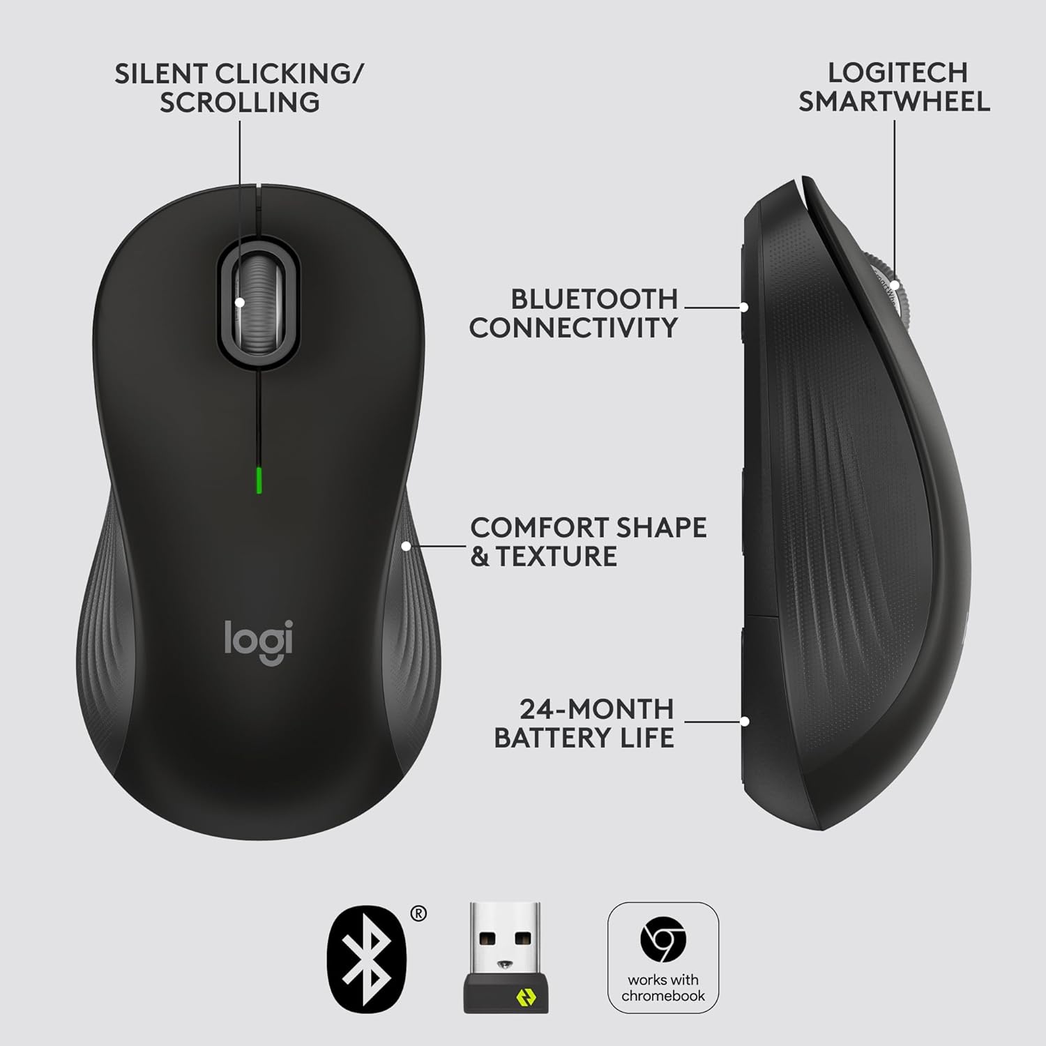 Logitech Signature M550 Regular Wireless Mouse Graphite The Logitech Signature M550 Regular Wireless Mouse in Graphite combines smart technology with everyday comfort. Designed for small to medium hands, it’s the perfect balance