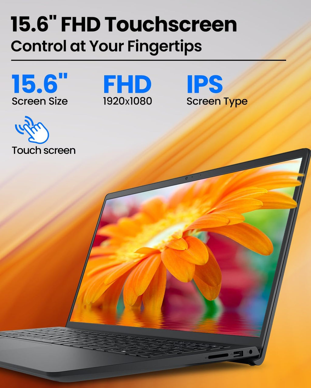Laptop with 15.6" FHD touchscreen displaying a colorful flower on an orange background