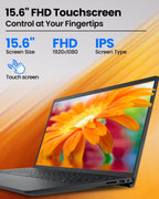 Laptop with 15.6" FHD touchscreen displaying a colorful flower on an orange background