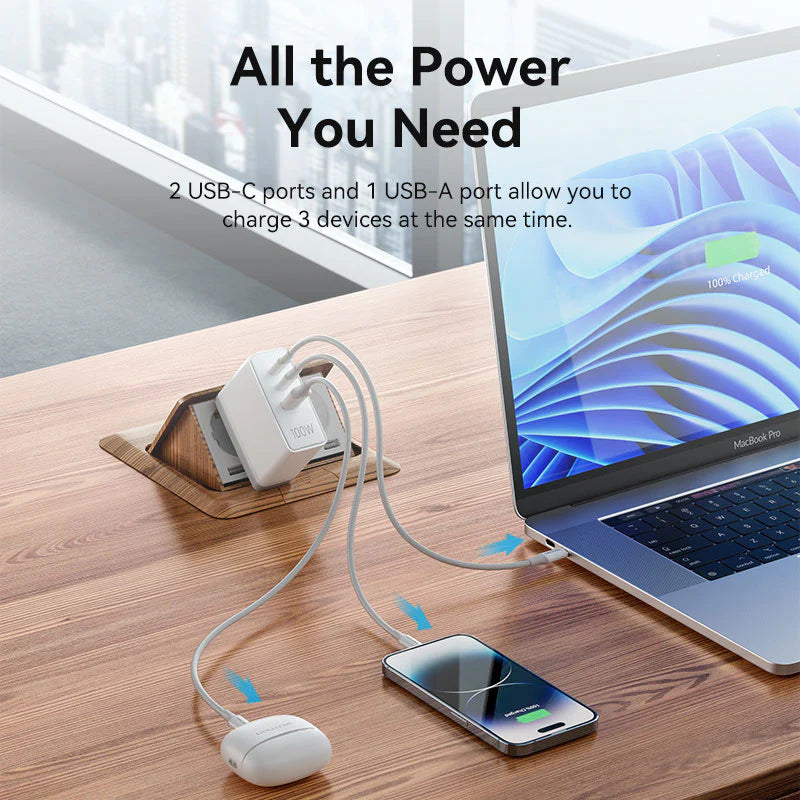 Vention 3-Port USB (C+C+A) GaN Charger (100W/100W/30W) EU-Plug White