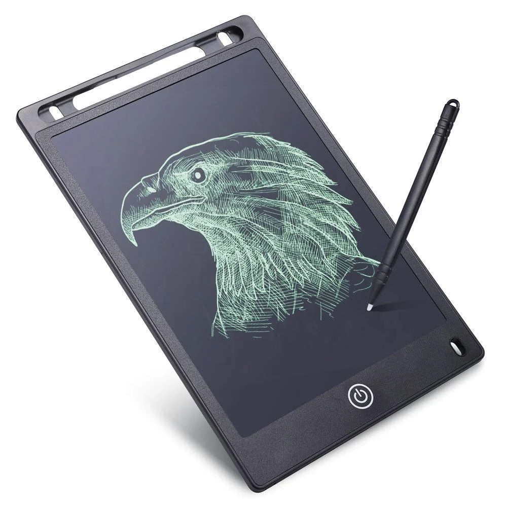 Black electronic writing pad with an eagle illustration and stylus on a white background