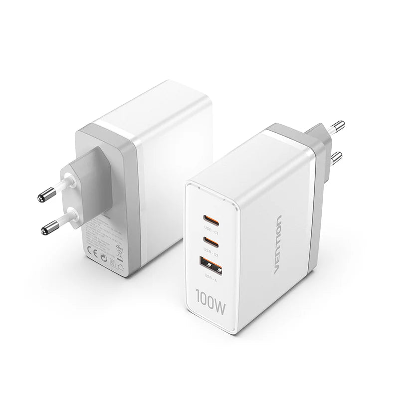 Vention 3-Port USB (C+C+A) GaN Charger (100W/100W/30W) EU-Plug White