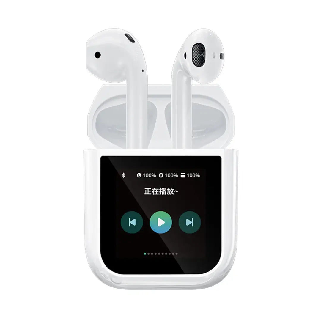 Wireless earbuds with charging case displaying music controls on a white background