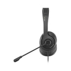 Black headset with microphone on a white background