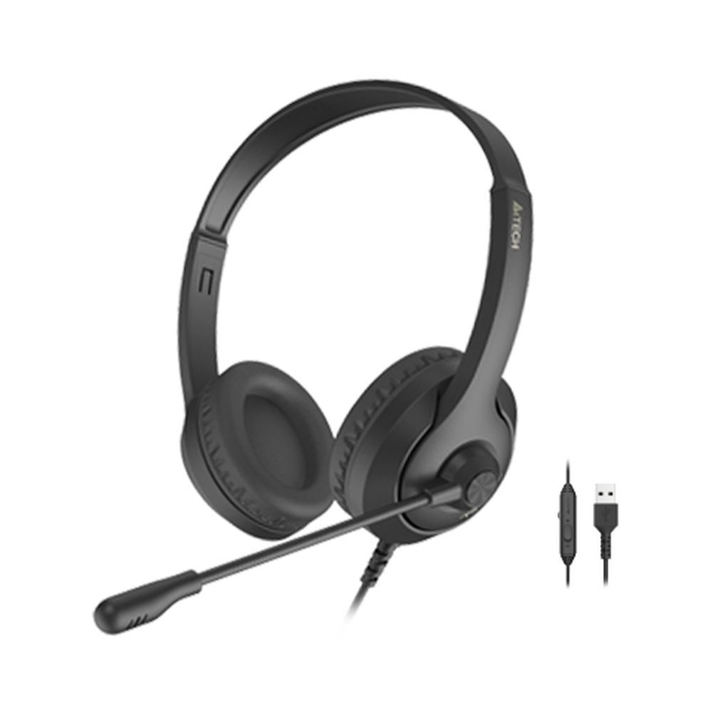Black headset with microphone and USB cable on a white background