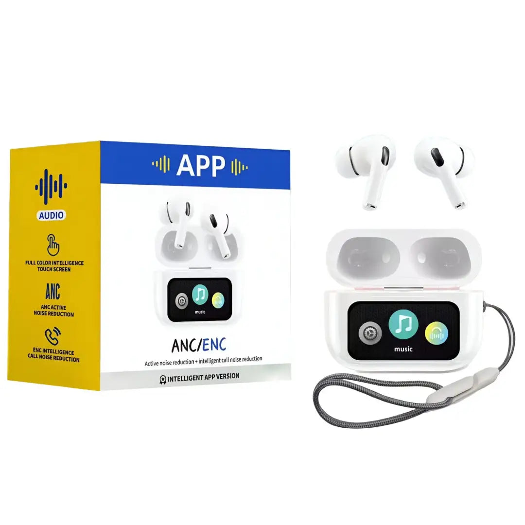 White wireless earbuds with charging case and packaging on a white background