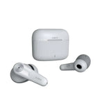 White wireless earbuds with charging case on a white background