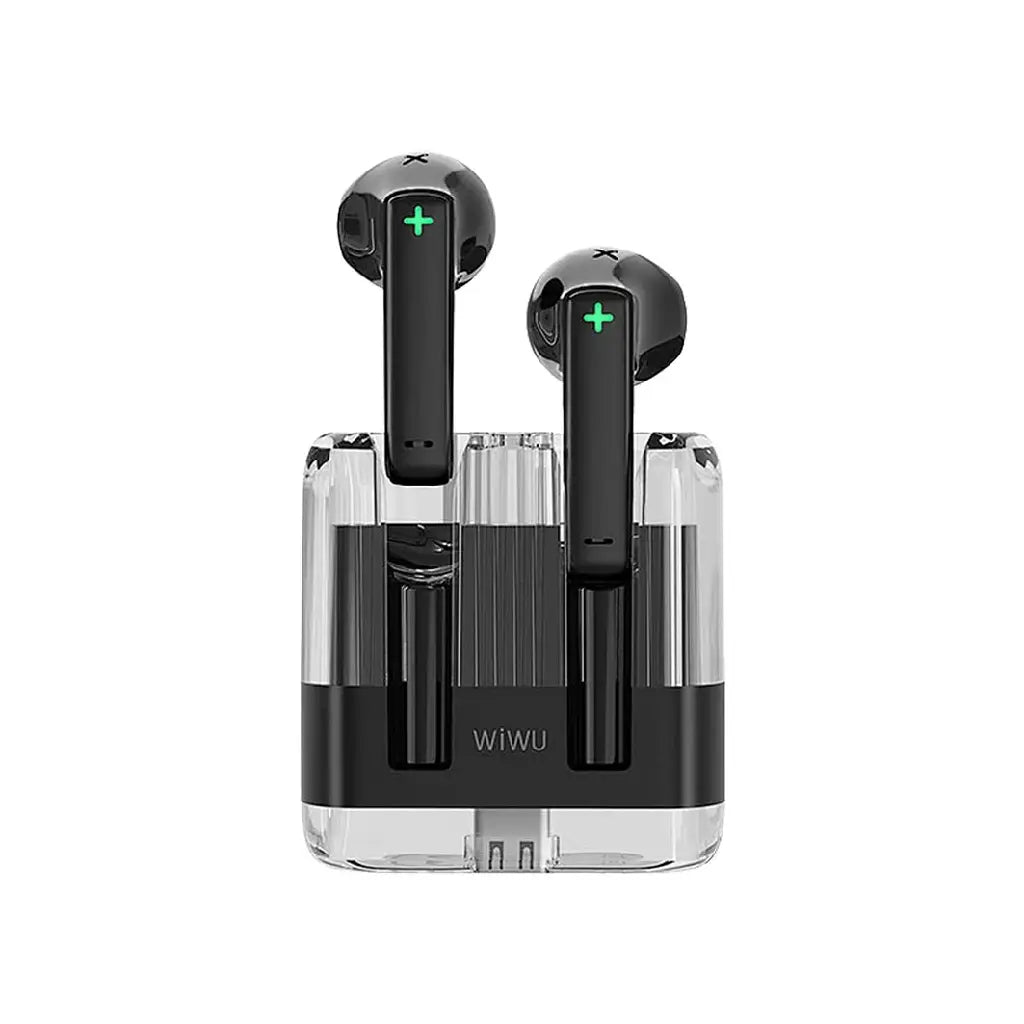Black wireless earbuds with charging case on a white background, featuring the brand 'WIWU'.