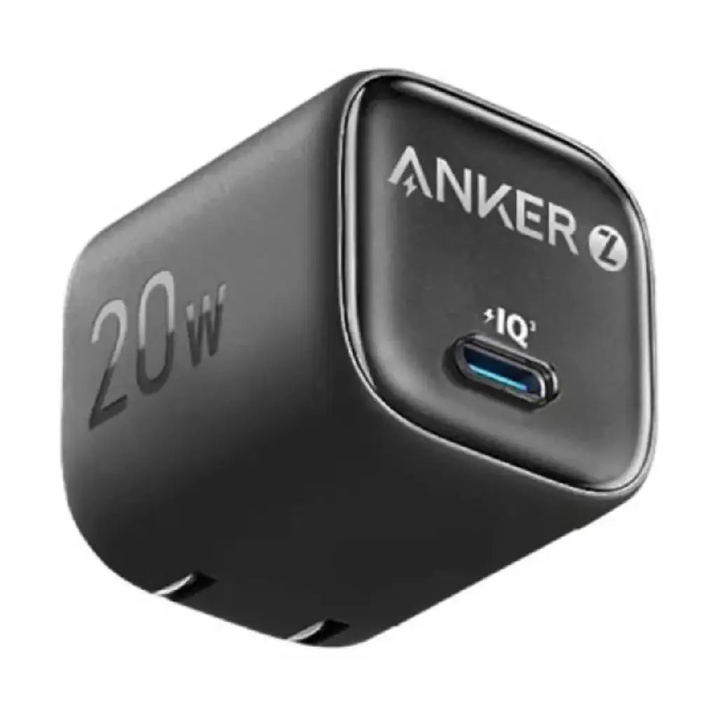 A compact, black Anker wall charger with a single USB-C port, featuring "20W" text on one side and the PowerIQ (IQ) logo below the brand name. It has two non-folding prongs visible on the bottom edge.
