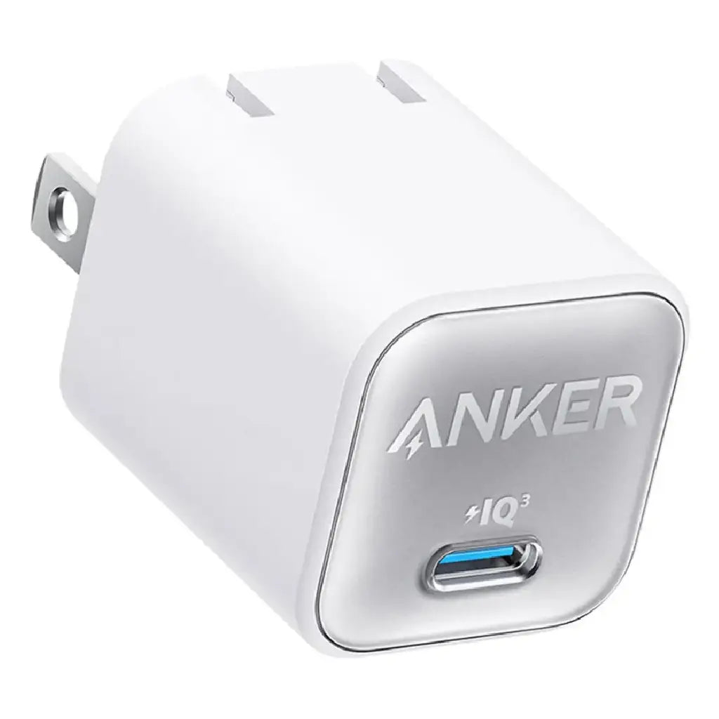 A close-up photograph of a white and silver Anker wall charger with a single USB-C port, featuring the PowerIQ 3.0 (PIQ3) technology logo below the brand name. The charger has two flat, non-folding prongs designed for North American electrical outlets.