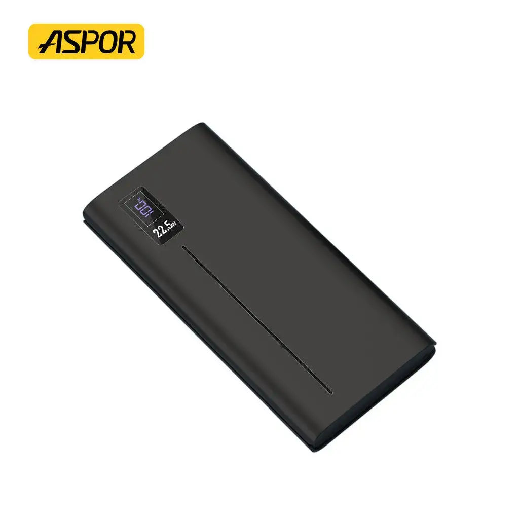 Black power bank with digital display on a white background, featuring the Aspor brand.
