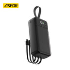 Black power bank with digital display on a white background, featuring the Aspor brand.