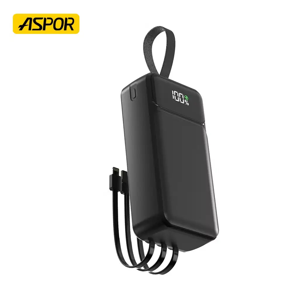 Black power bank with digital display on a white background, featuring the Aspor brand.
