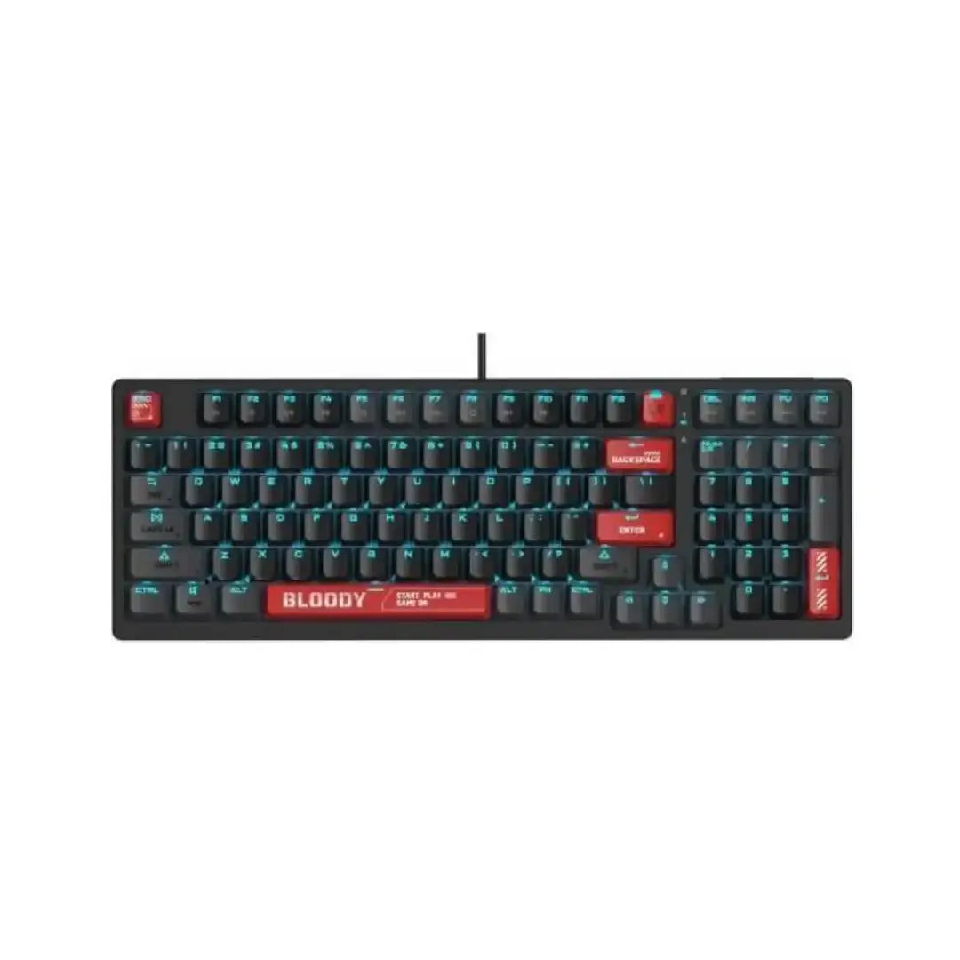 Black keyboard with red accents on a white background