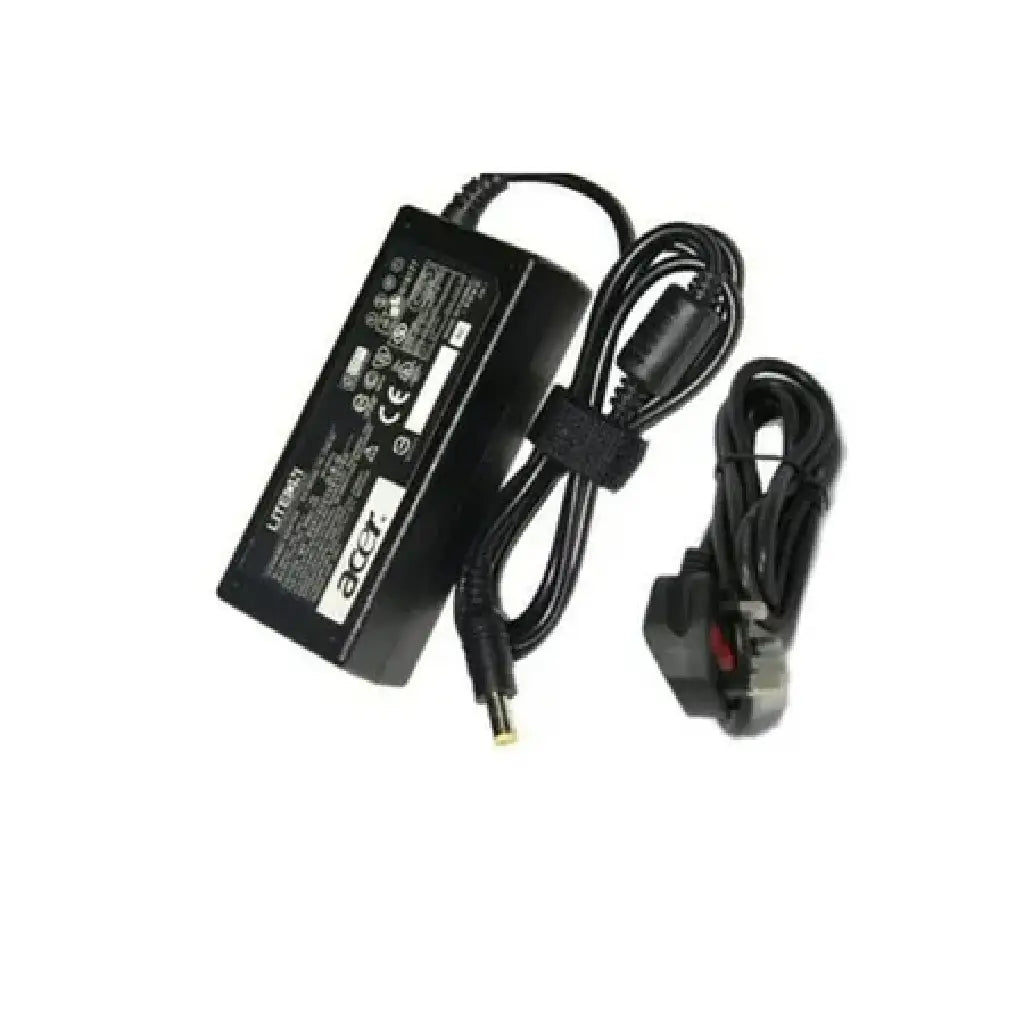 A black Acer laptop charger with its associated power cable. The main adapter brick has Acer and Lite-On branding, while the power cord includes a type G plug (common in the UK and other regions). The cords are neatly tied with hook-and-loop fasteners.