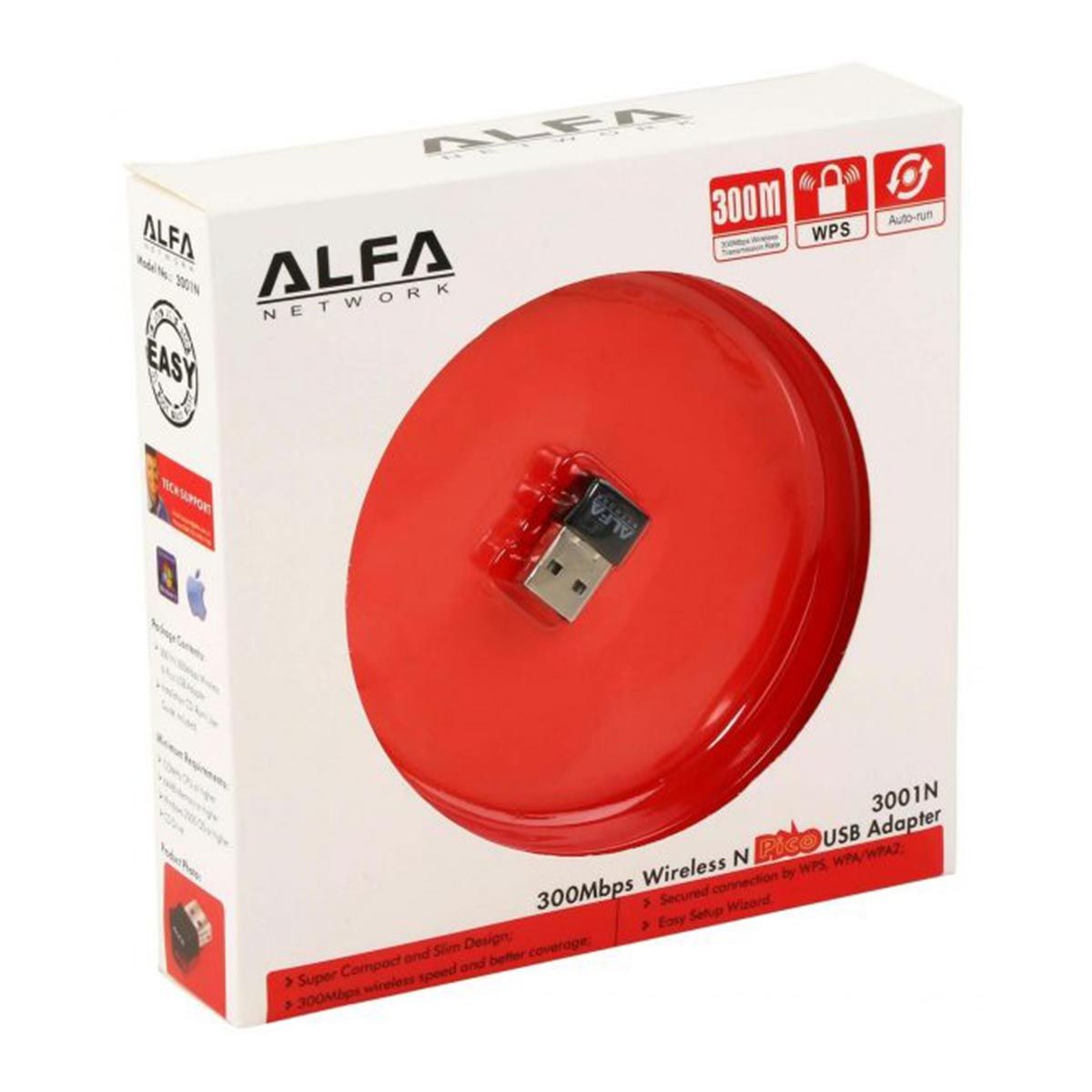 Alfa Network USB adapter packaging with red disc and visible product on a white background