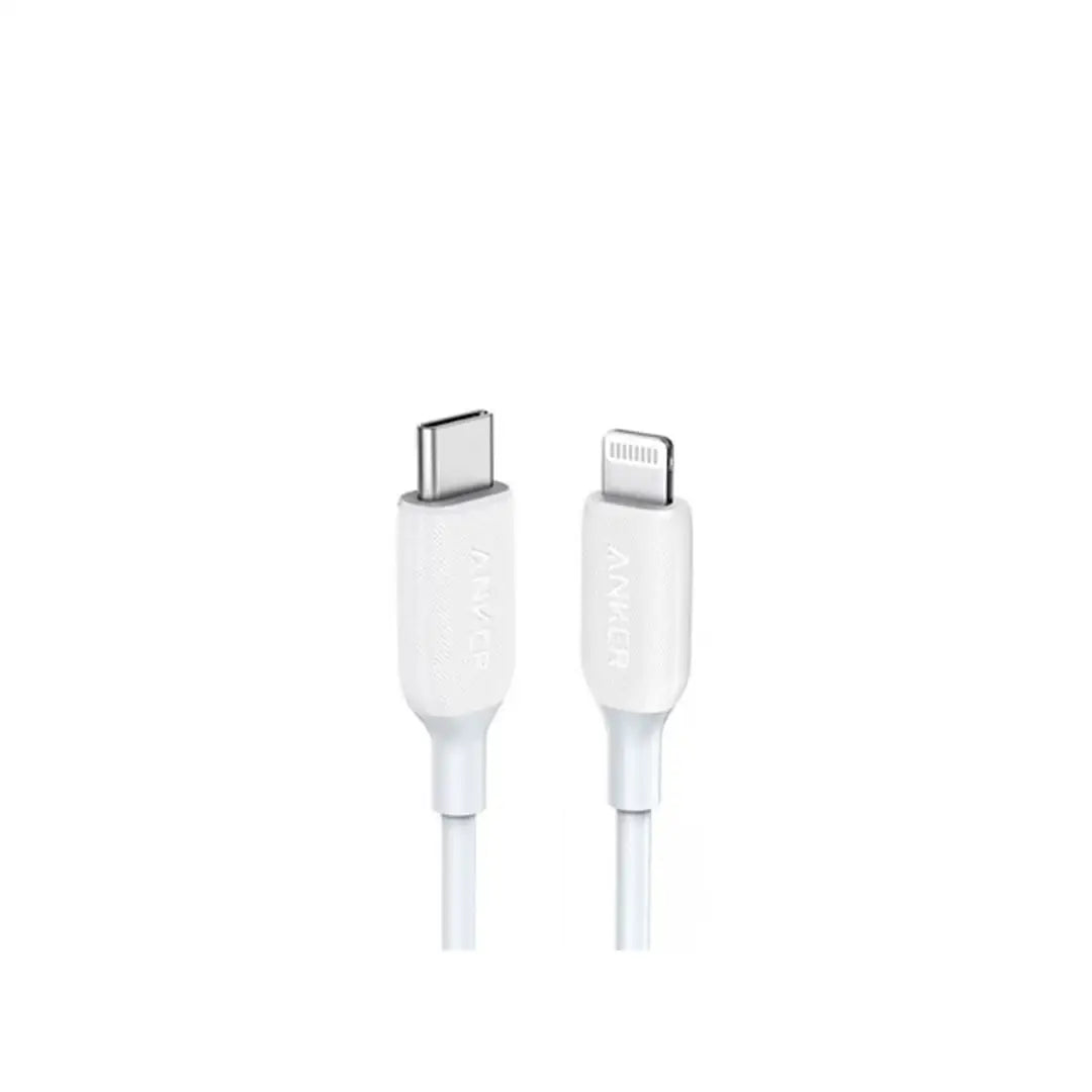White USB-C to Lightning cable on a white background