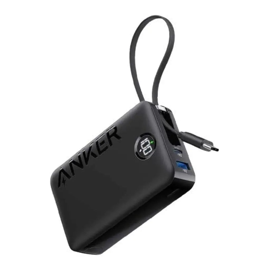 Anker A1647 20000mAh power bank in black featuring a built-in USB-C cable, LED battery percentage display, USB-C and USB-A ports, and a slim, portable design for travel and daily use.