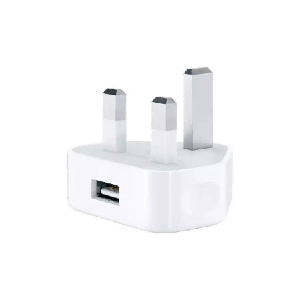 Apple 3-pin 1Amp charging adapter with USB port, white power adapter side angle view
