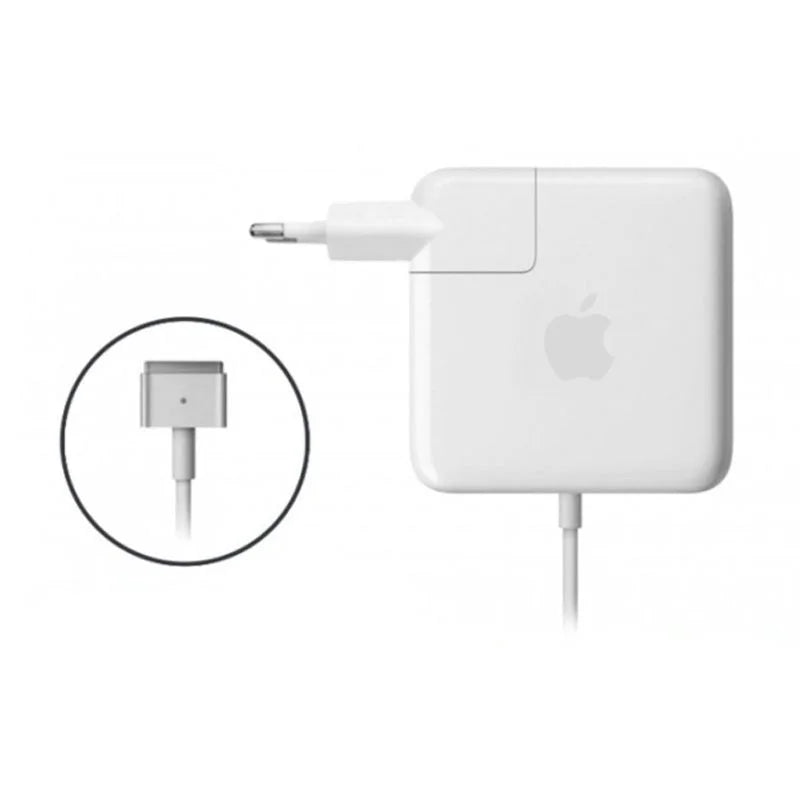 White Apple power adapter with a close-up of the plug on a white background