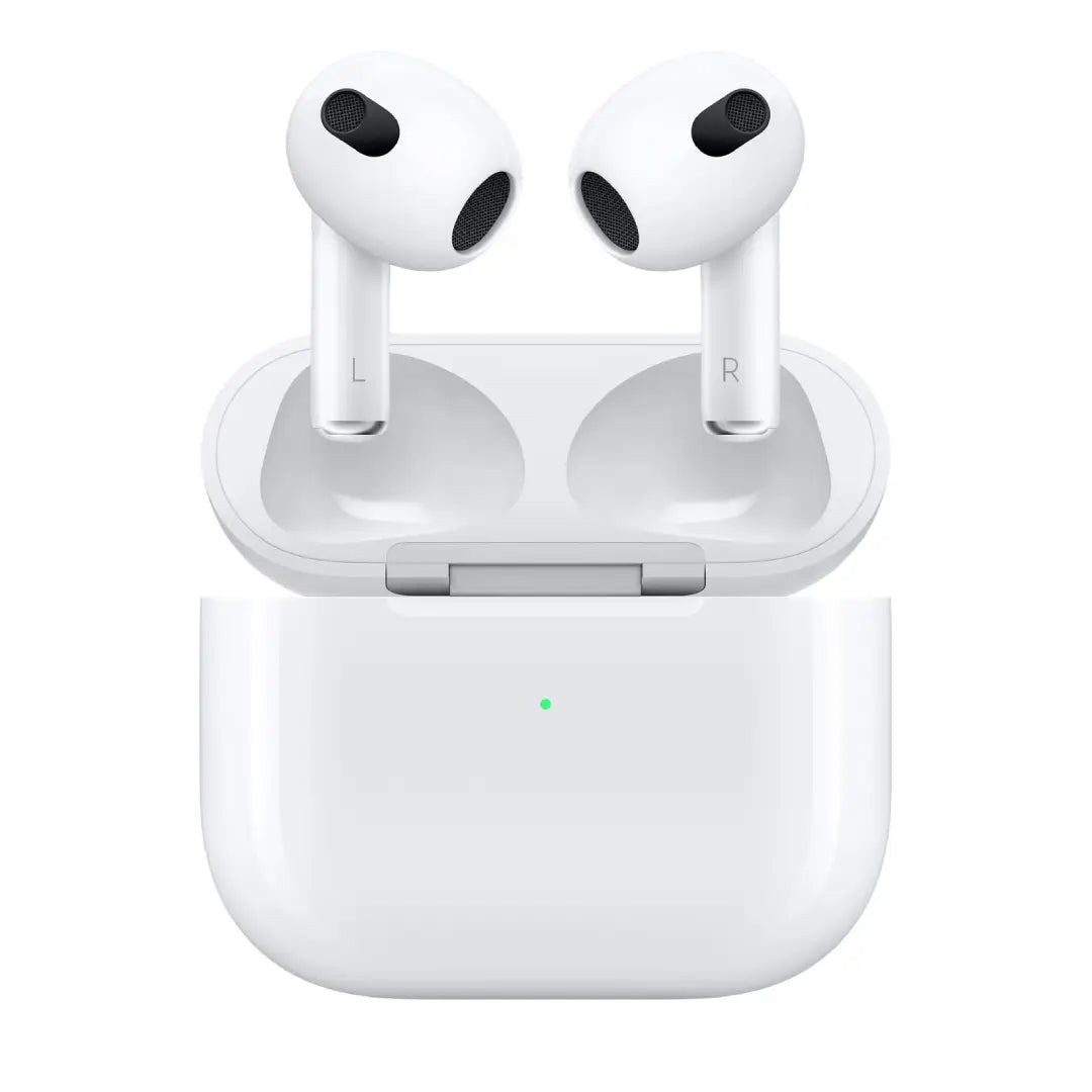 White wireless earbuds with charging case on a white background