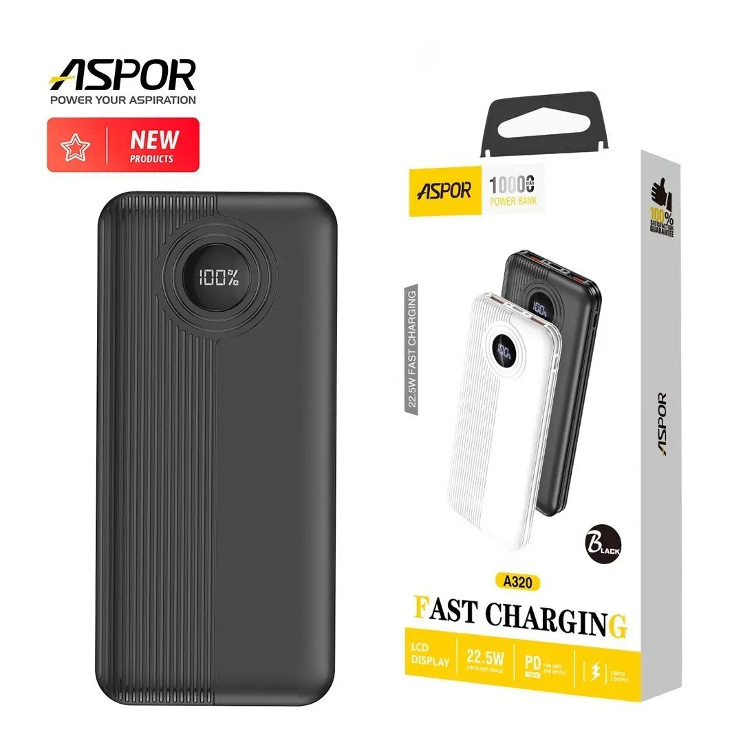 Black power bank with digital display and Aspor branding, including packaging and product image.