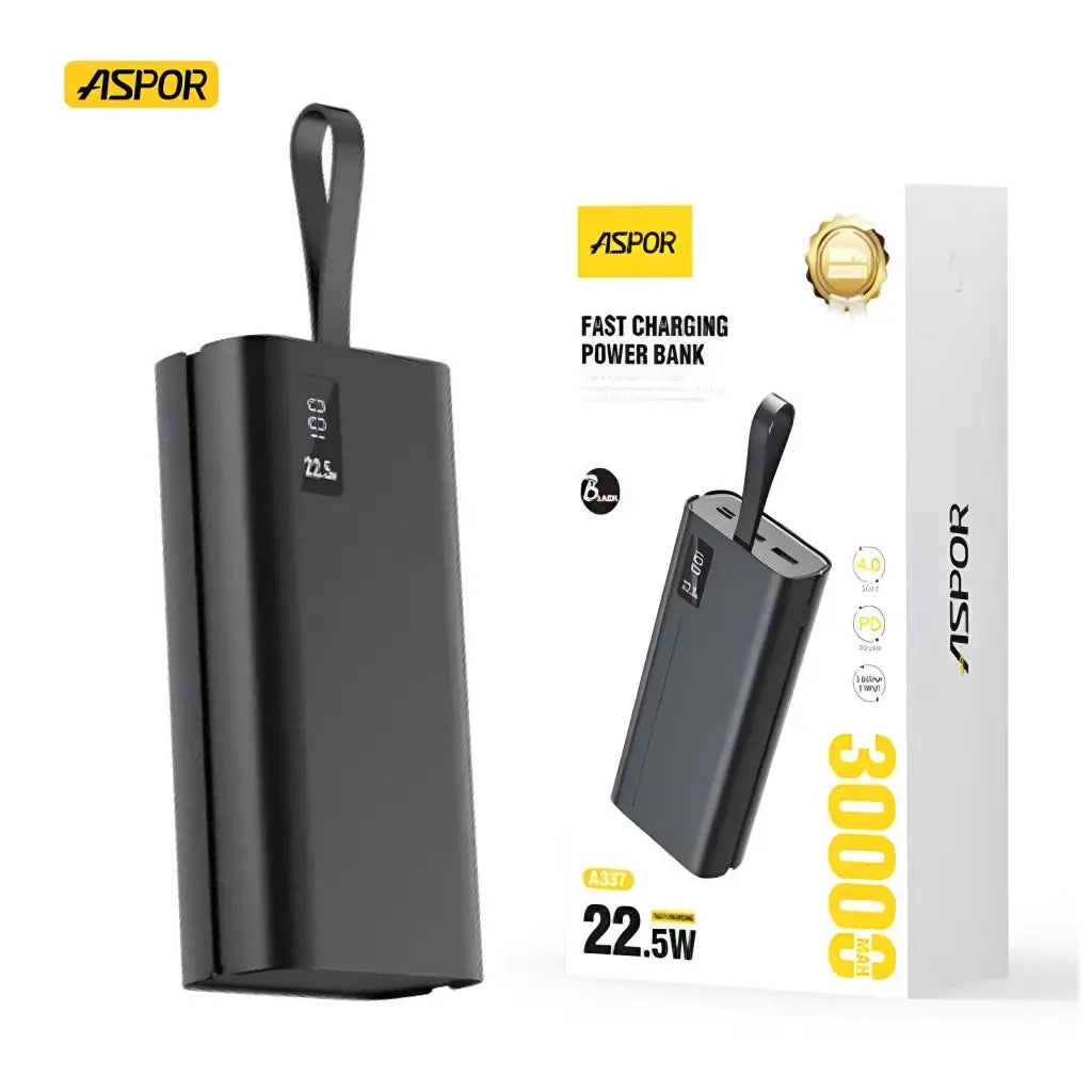 Black power bank with charging details and Aspor branding on a white background