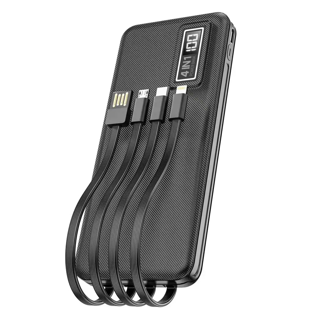 Black power bank with multiple USB cables on a white background