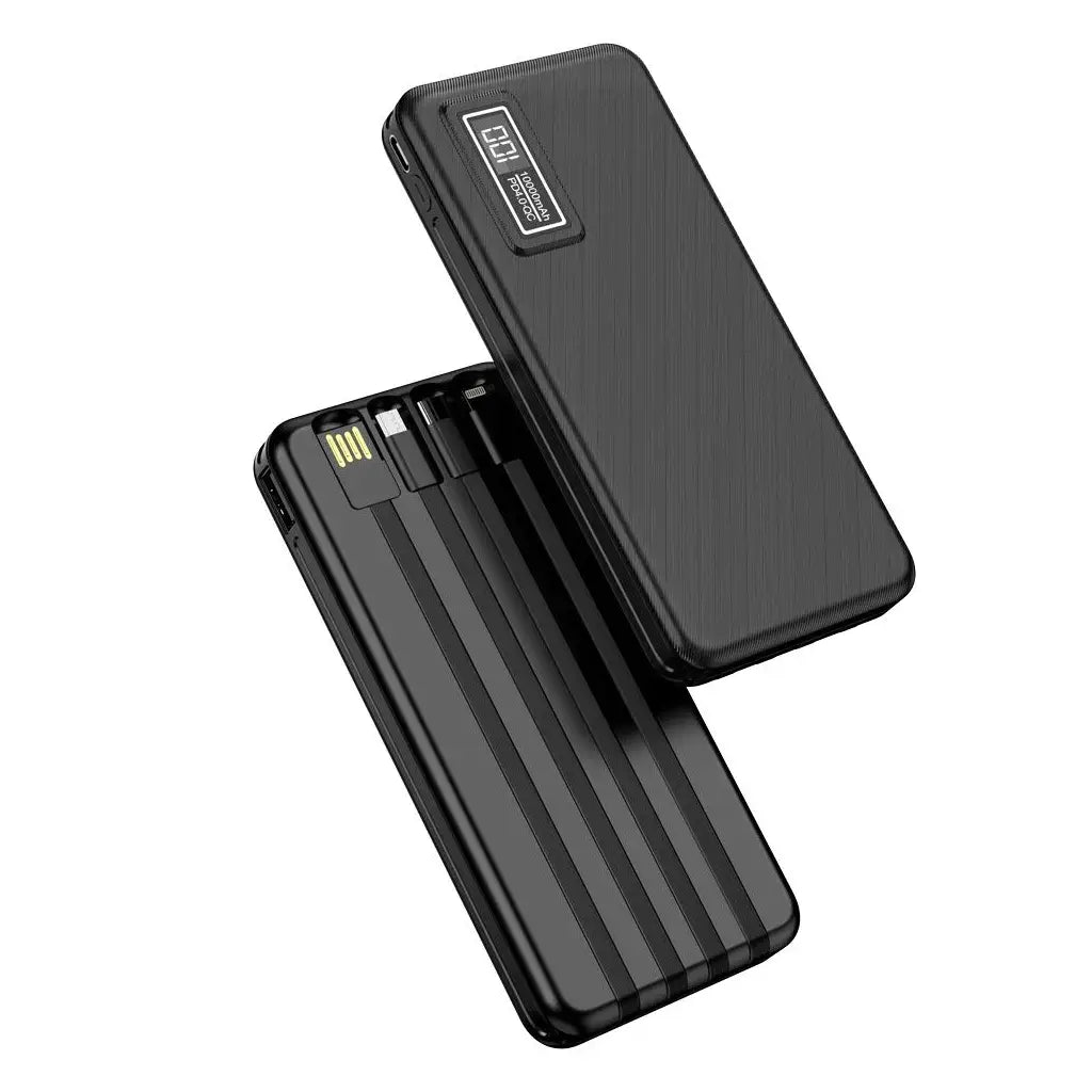 Black portable charger with USB-C and Lightning connectors on a white background